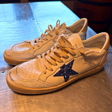 Golden Goose Ball Star Low Top Lace-Up Sneakers White/Blue Glitter Star