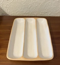 Pottery Barn Rustic Olive Ceramic 3 Part Divided Serving Relish Dish Never Used