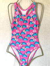 Girls Pink Mix MARU Racing Back Swimsuit Size 30" - Costume Racer Cloud Rainbow