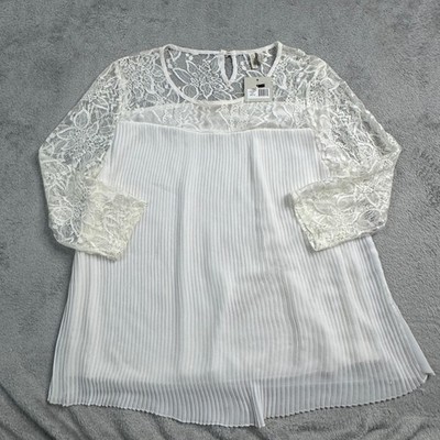 NWT Madison Ivory Lace Yoke Pleated Blouse 3/4 Sleeve Top Large BRAND NEW
