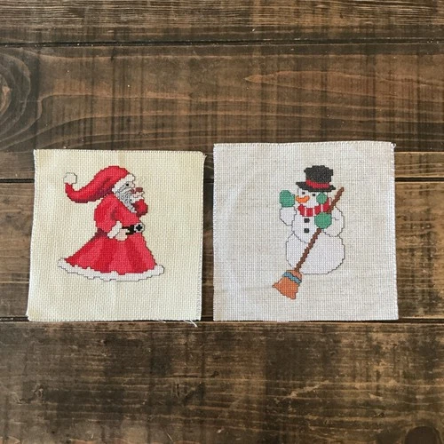 Completed Counted Cross Stitch Pieces Christmas Themed Santa Clause, Snowman