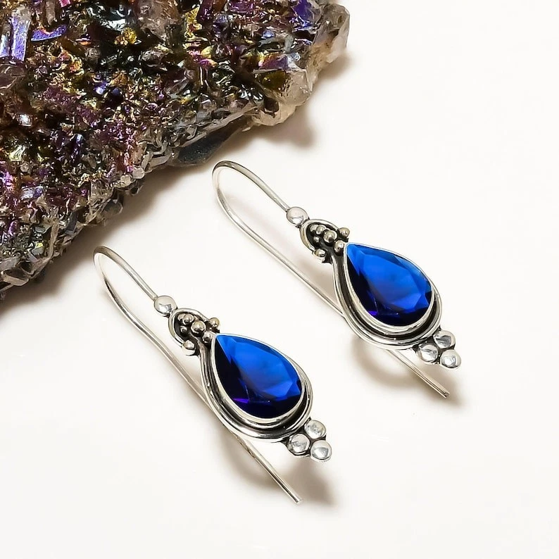 Blue Tanzanite Gemstone Handmade 925 Sterling Silver Jewelry  Earring Sz-2.25" - Image 3 of 4