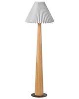 Industrielle Stehlampe Mit WeißEm Stoffschirm Und Sockel Aus Gummibaumholz Natur