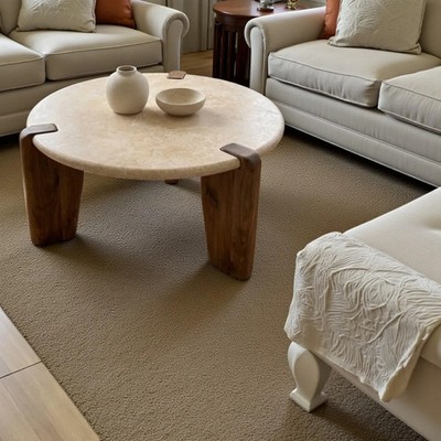 Wabi Sabi Travertine Coffee Table, Round Beige Stone Top, Solid Wood Legs Decor