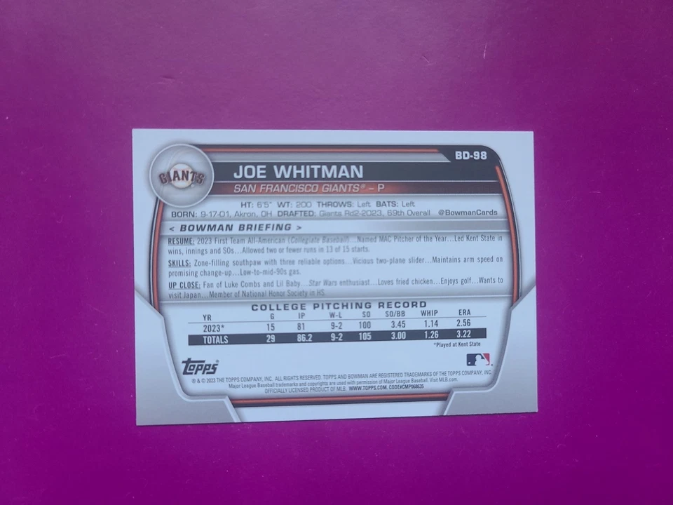 2023 Bowman Draft 1st Joe Whitman RC - Image 2 of 2
