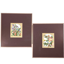 Vintage Framed Floral Cross Stitch Wall Art Pair Brown Mats Cottage Decor NOS