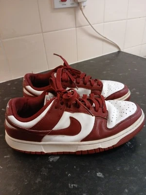 Mens NIKE Trainers Size 8 uk White with Burgundy Trim, Sole, Laces, & Swoosh VGC - Image 1 of 4