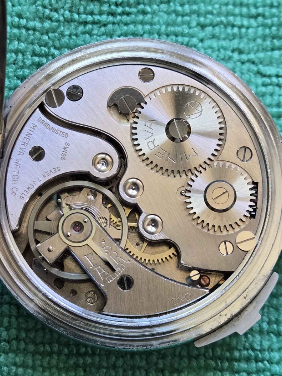Antique Minerva pocket watch with stopwatch function; works very well. View 6