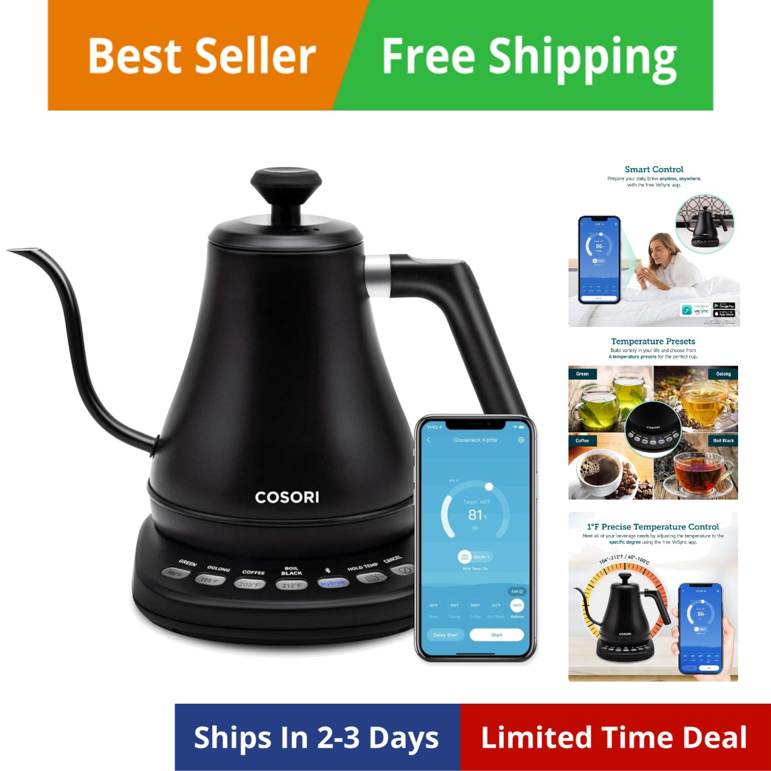 Smart Bluetooth with Variable Temperature Control, Pour Over Coffee & Tea Mak...