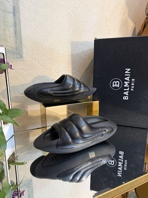  Balmain Paris Leather Slide Sandals Black Size 41 IT NIB Dust Bag Authentic