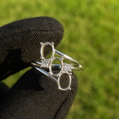 Solid 925 Sterling Silver 3 Stone Ring Setting Oval Gemstone Mount