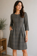 H&M Dress Women Small Gray Check Fit & Flare Knee Length 3/4 Sleeve Work Office