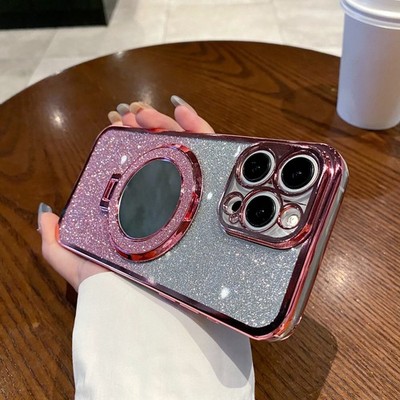 For Various Phone Magnetic Mirror Stand Case Flash Phone Cover Holder Women Girl