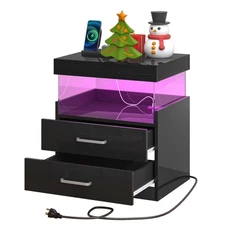 High Glossy Night Stand, Black LED Night Stand with Charger Station, Bedside ...