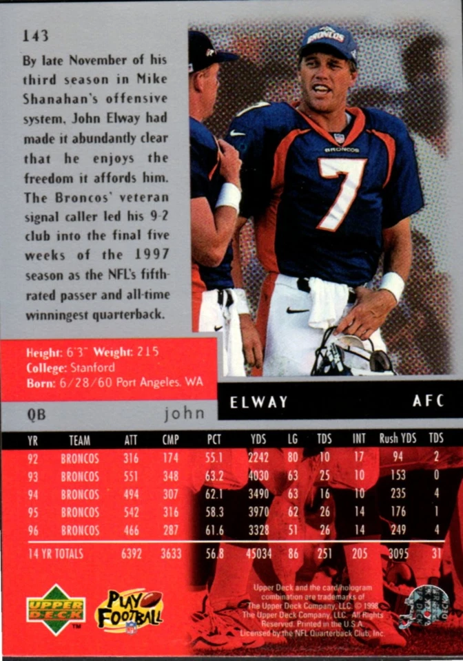 1998 Upper Deck Black Diamond #143 John Elway - Image 2 of 2