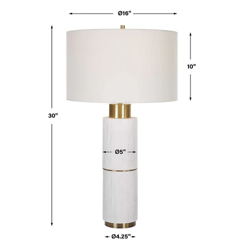 Texture White Faux Wood Column Table Lamp Cylinder Brass Gold Mid Century Modern - Picture 9 of 9