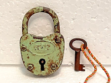 Rare Old Vintage Crown Mark Handmade Rustic Iron Padlock With Key Collec...