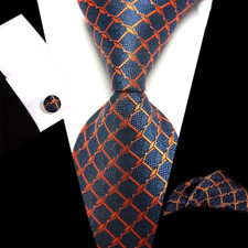 Classic Checks Blue Orange Jacquard Silk Men's Tie Necktie Hanky Cufflink Set