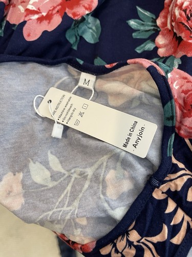 Anyjoin M Red Floral Navy Top Short Sleeve Cold Shoulder Criss Cross - 第 13/15 張圖片