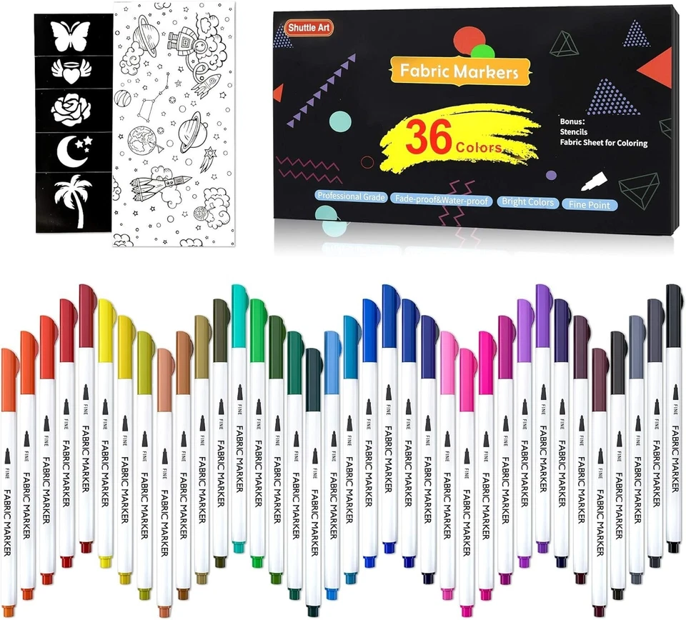 Marcadores permanentes de tela de 36 colores para proyectos creativos - ¡Plantillas incluidas! Foto 3 de 4