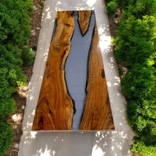 Gray Epoxy Resin Top Dining Table Handmade Kitchen Slab Wooden Patio Furniture