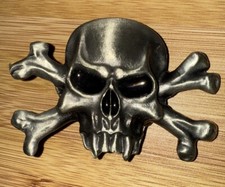 Large Skull and Cross Bones Belt Buckle Vintage Black Enameled Eyes Free Ship