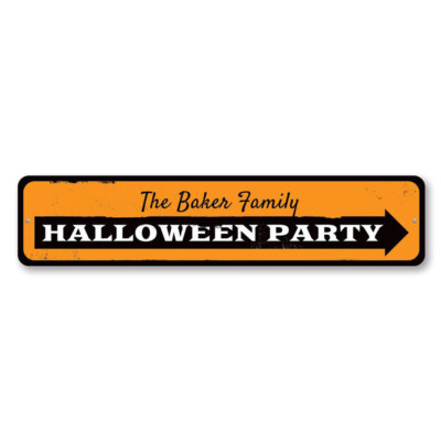 Halloween Party Sign, Personalized Directional Arrow Family Name - Aluminum