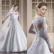 Elegant White Wedding Dresses Lace Applique Off Shoulder Long Sleeve Bridal Gown