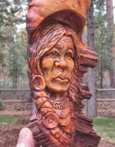 Wood Spirit Carving Old West Western Art Sculpture Native American Indian Head