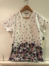COMFY COTTON SCRUBS XS White Purple Floral PRINT SCRUB TOP NWT
