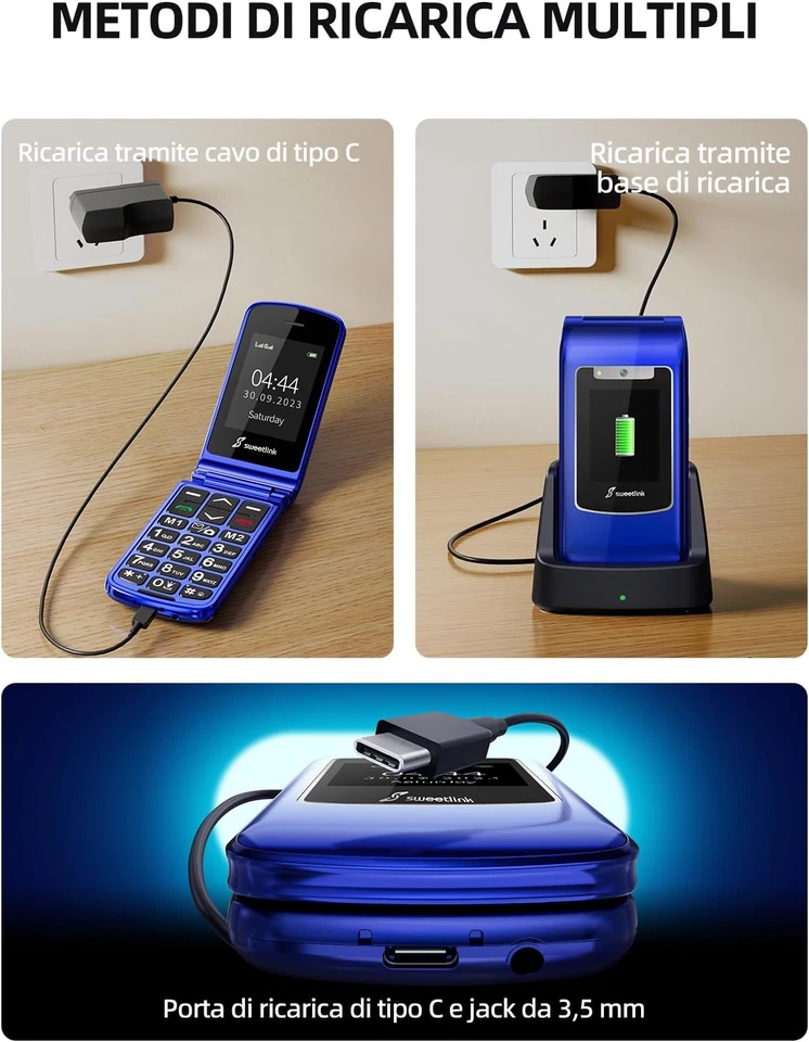 Telefono Cellulare per Anziani Flip Pantalla 2.4" Con Base Di Ricarica SOS, Blu - Immagine 4 di 4