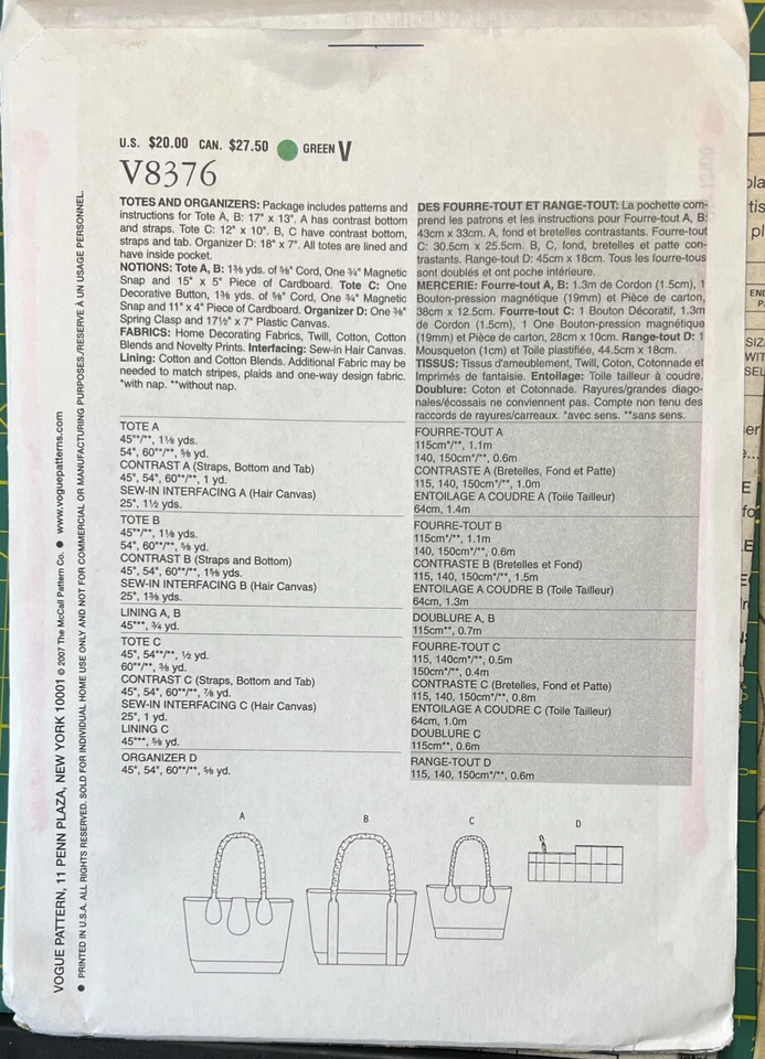 Vogue Accessories Pattern V8376 Tote Bags And Organizing Insert Uncut FF - Image 3 of 4