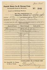 1937 Patrick Henry Ice & Storage Corp. Receipt  Nuzena Apples Fieldale VA Cold