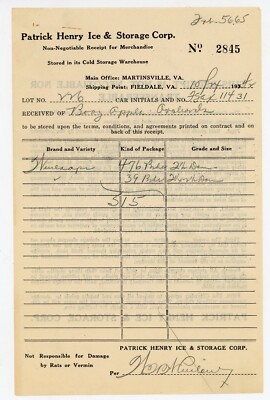 1937 Patrick Henry Ice & Storage Corp. Receipt  Nuzena Apples Fieldale VA Cold