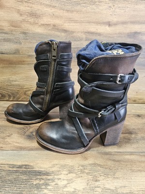 Freebird Baker Brown Leather Strap Biker Heel Western Boots Women's 7