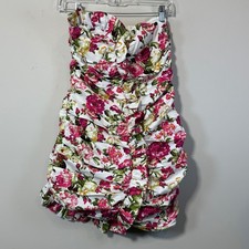 Mable Floral Ruched Mini Dress Women M White Pink Strapless Ruffle Romantic