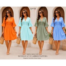 Women's V-Neck Smocked Waist Dress Knee-Length Holiday Casual Flowy Midi Dress