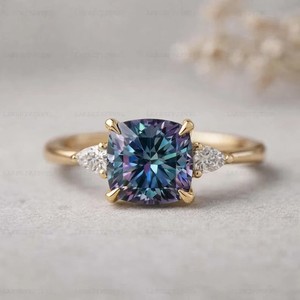 Authentic 2Ct Cushion Lab Created Alexandrite Diamond Womens Ring 14K Yellow Gold Plated
