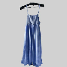 Old Navy Blue White Stripe Midi Dress Womens Large Sleeveless Smocked Pockets