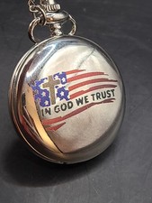 American Flag In God We Trust Pocket Watch Silver finish with Chain