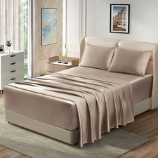 Satin Sheet Set Queen Taupe 4 PCS Extra Deep Pocket 18-24 Inch Silky Bedding