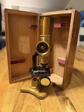 Brass Microscope w/ Wooden Case French Label “Grossissement Obtenu 175 Fois”