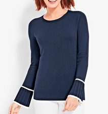 TALBOTS Sz M Navy Pleated Flounce White Tipped Cuffs Lightweight Sweater Top NWT