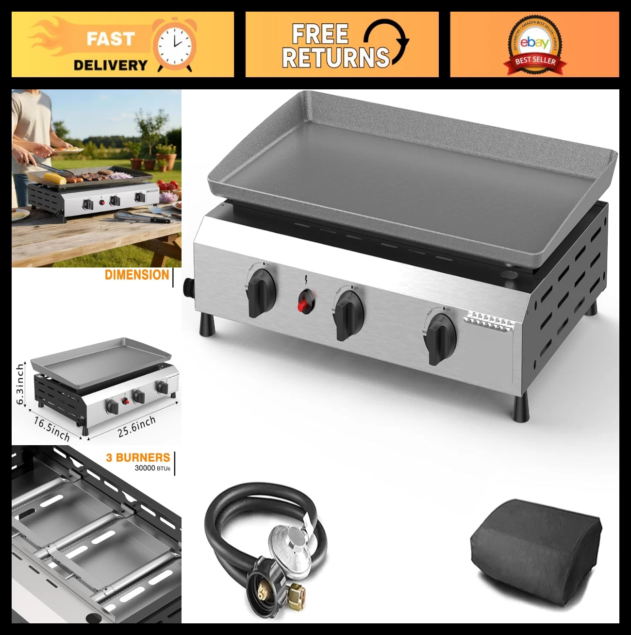 3 Burner Portable Gas Griddle - 25.6" Stainless Steel BBQ Flat Top Grill, 30,000
