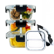 Bariatric Meal Prep Containers Glass Portion Control Lunch Box 3 Pack with Lids