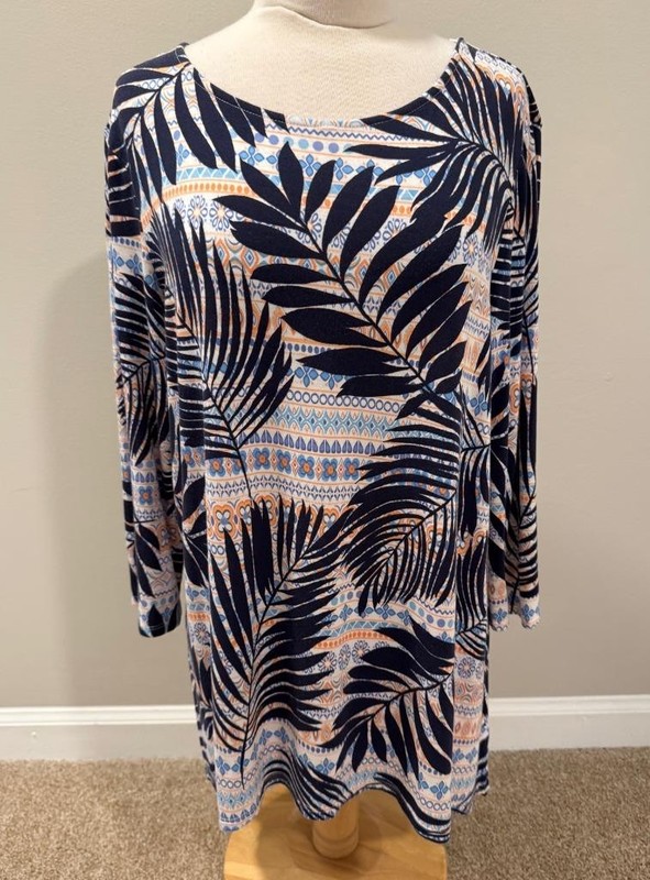 Womens Large Ruby Rd Tropical Palm Print Tunic Top 3/4 Sleeve Geometric Resort
