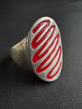Vintage Sterling Silver Ring Handmade Tribal Red Enamel Wavy Design Size 6.5 US
