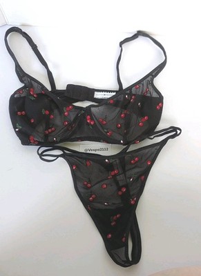 Vintage Tommy Hilfinger Bra G String Set Cherry Black Mesh Cherries 34C 