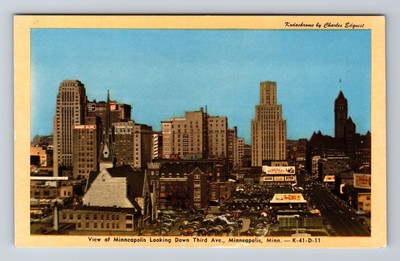 Minneapolis MN-Minnesota Aerial Looking Down Third Avenue Vintage Postcard Card