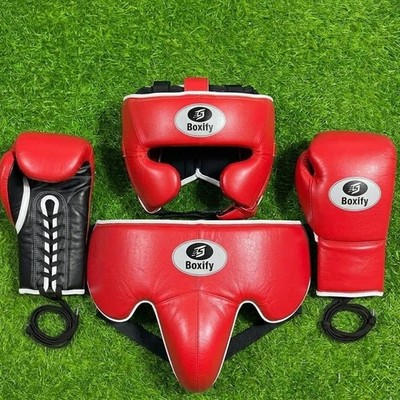 Premium Boxing Gear Set Gloves Head Guard Groin Protector Pads All Sizes Colors